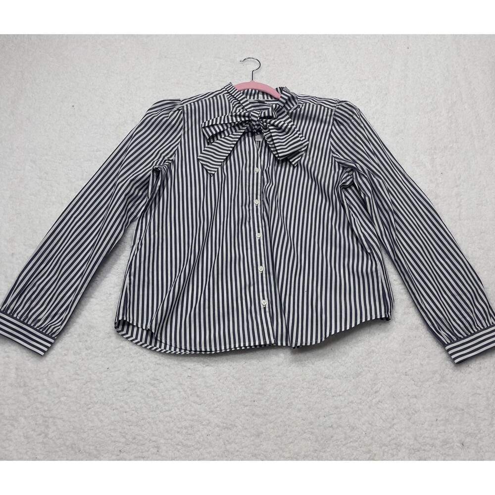 J Crew Women Top Gray Stripe Bow Tie Neck Preppy Retro Classic City Large NWT